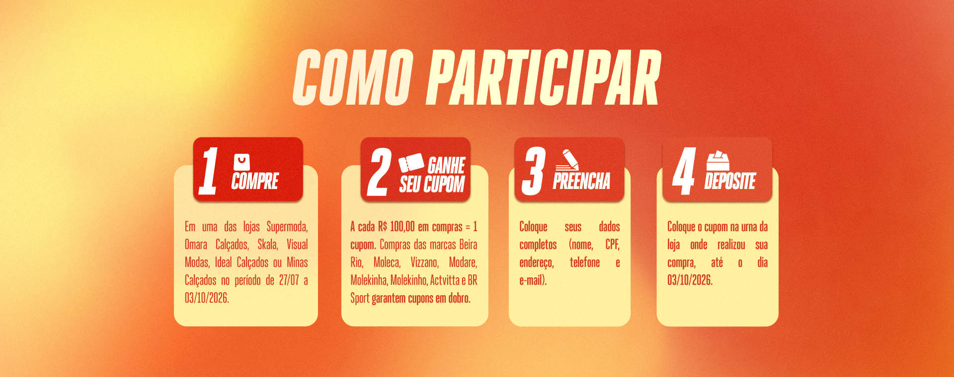 Como participar: compre nas lojas participantes, ganhe cupons a cada R$ 100,00, preencha seus dados e deposite na urna da loja