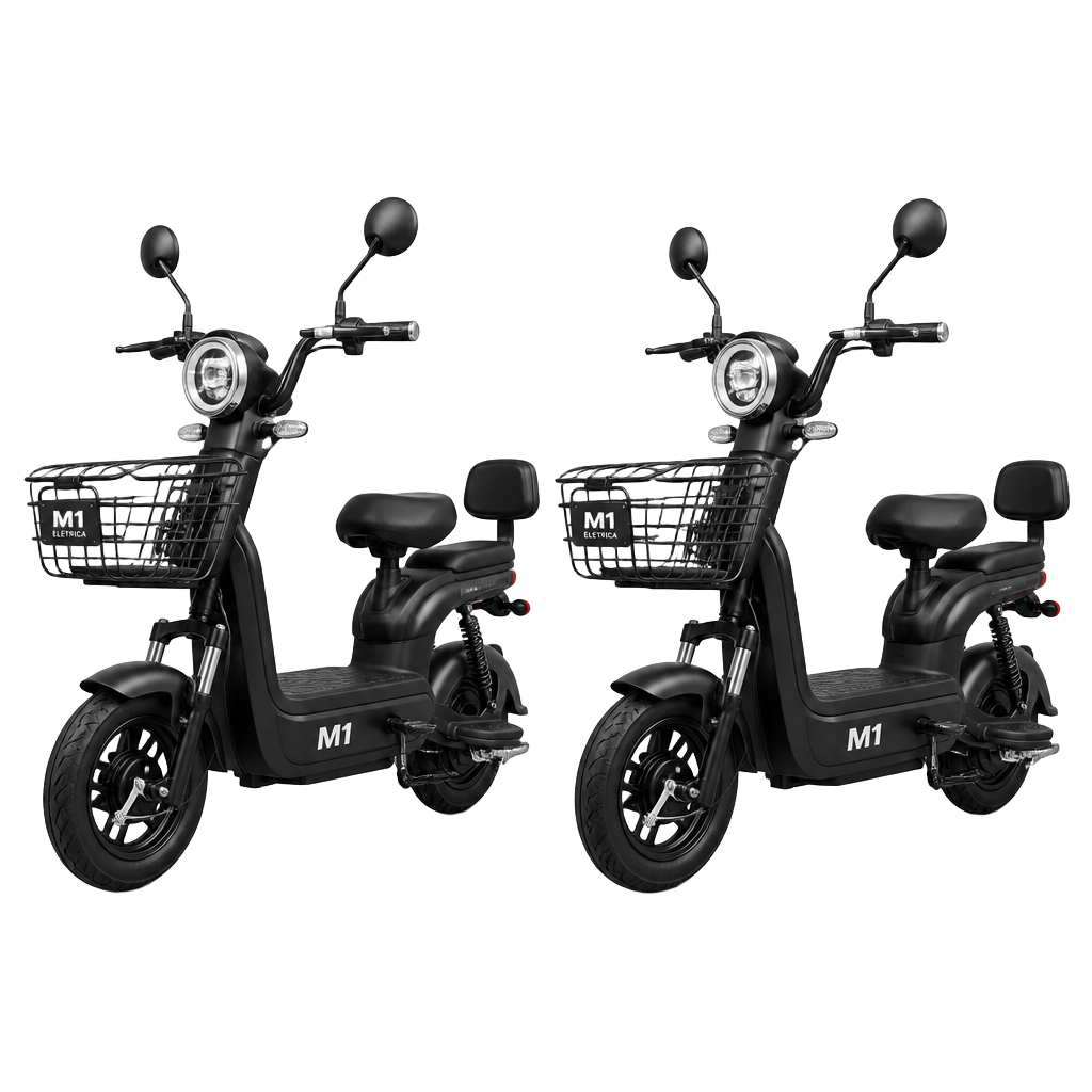 Duas scooters elétricas pretas com cestinha e bagageiro — prêmio da campanha Comprou Acelerou